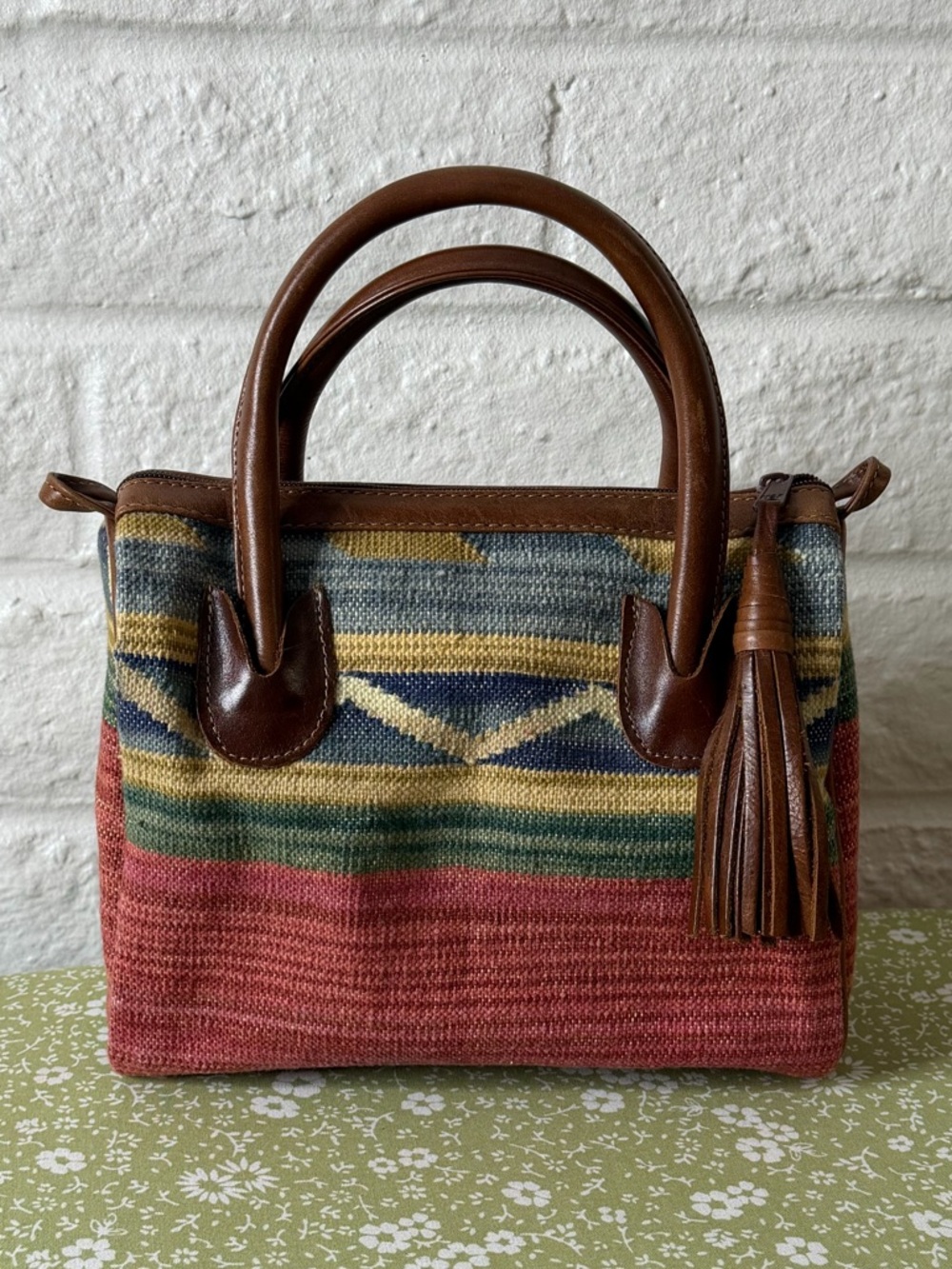 Vintage Marco Avane Dhurrie Kilim Leather Tassel Southwest Satchel Bag